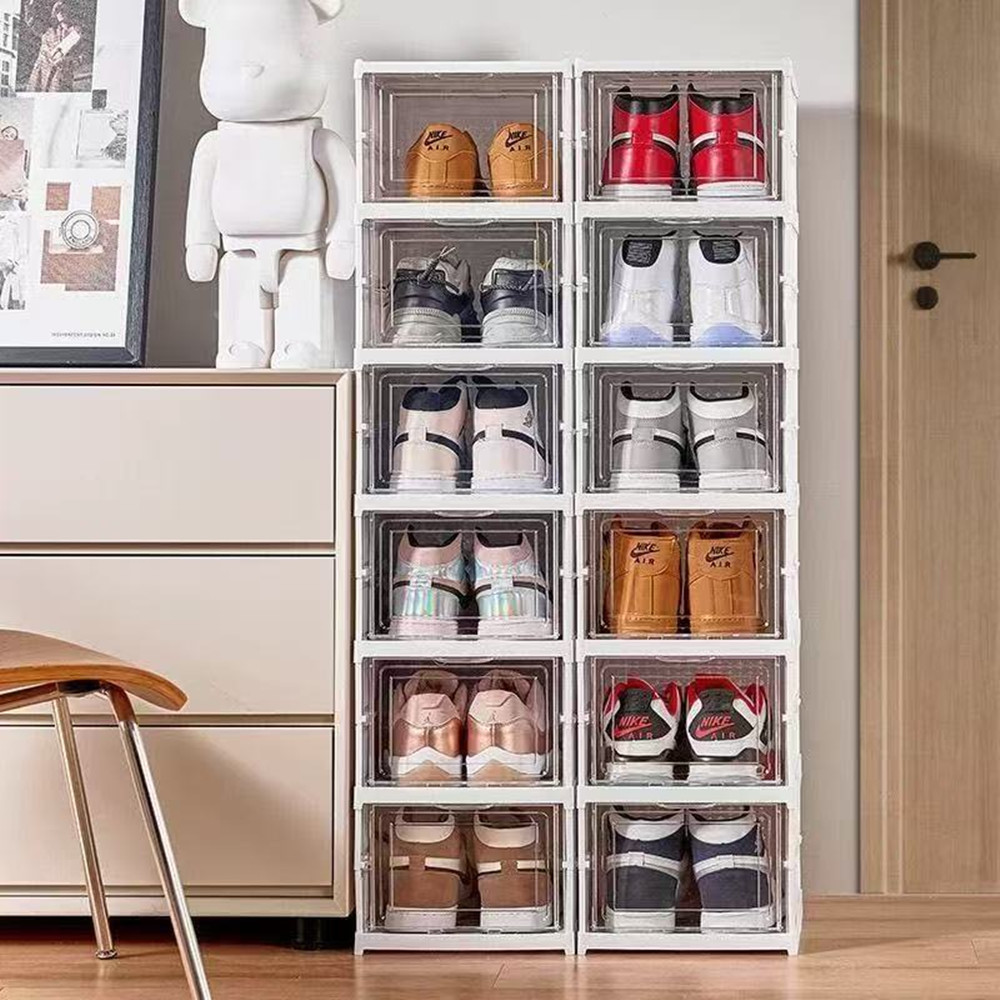 Sneaker Case - 防塵6層折りたたみ式シューズボックス、積み重ね可能な透明厚型プラスチック製収納ボックス、スニーカーシューズオーガナイザーキャビネットオーガナイザー
